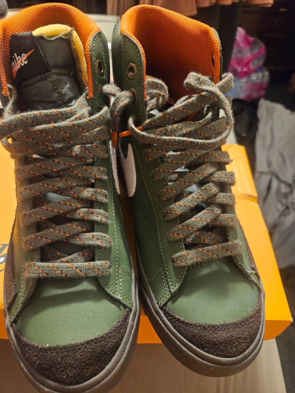 Nike Olive Green and Orange High-Top Athletic Sneakers